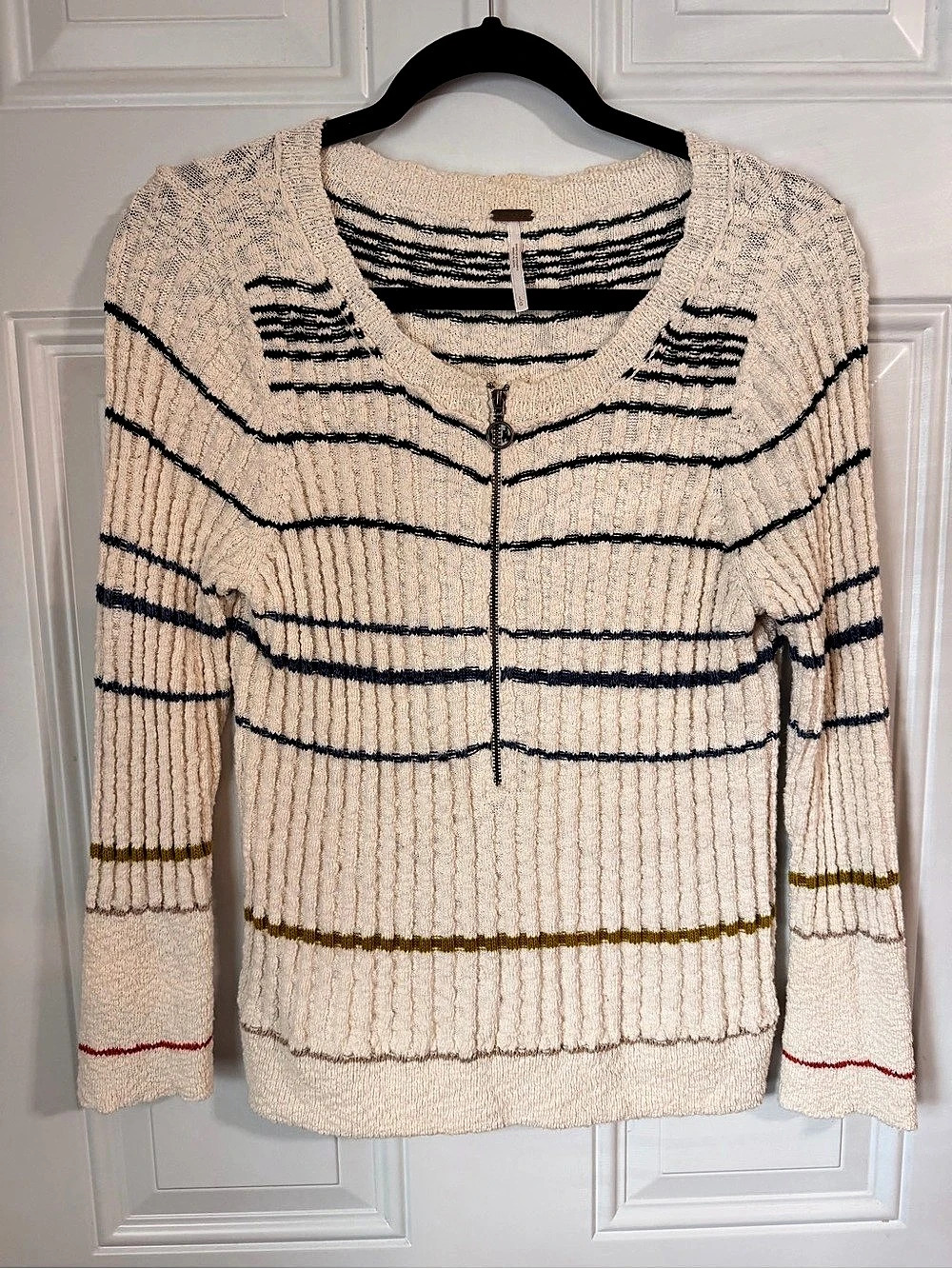Free People Coastal Stripe Pullover Striped Quarter-Zip Sweater Cream Large